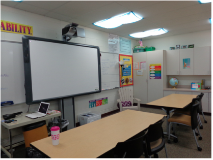 Front of classroom with promethean board.